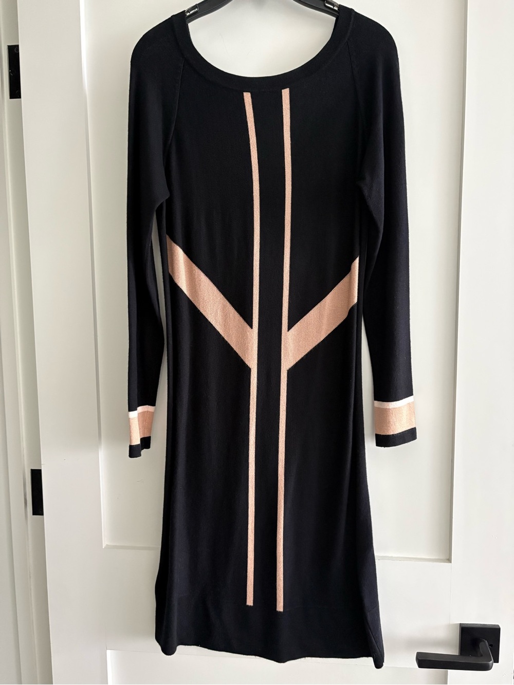 Black Knit Long-Sleeve Dress with Blush Geometric Stripe size M. Fits like a 6